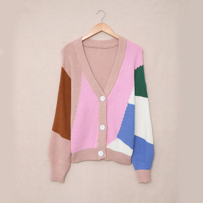 Women's V-neck Knitted Cardigan Sweater Contrast Color Jacket