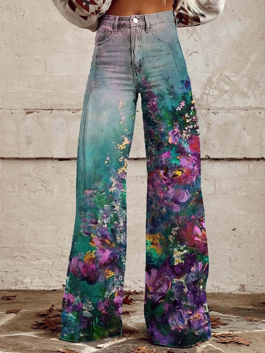 Women's Vintage Botanical Floral Wide Leg Pants