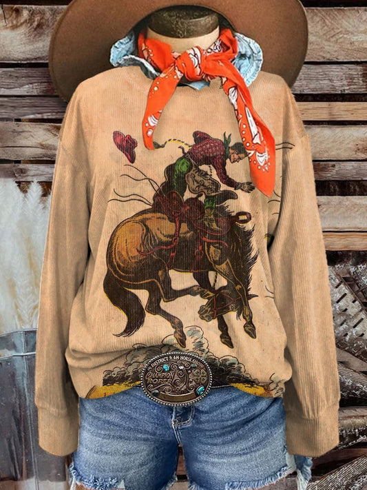 Women's Vintage Cowboy Casual Print Corduroy Sweatshirt