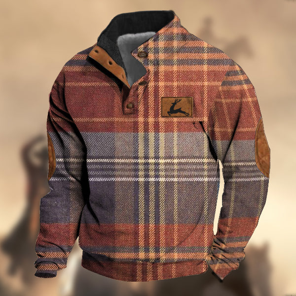 Men's Vintage Country Western Hunting Elk Watermelon Red Purple Wool Plaid Print Stand Collar Sweatshirt