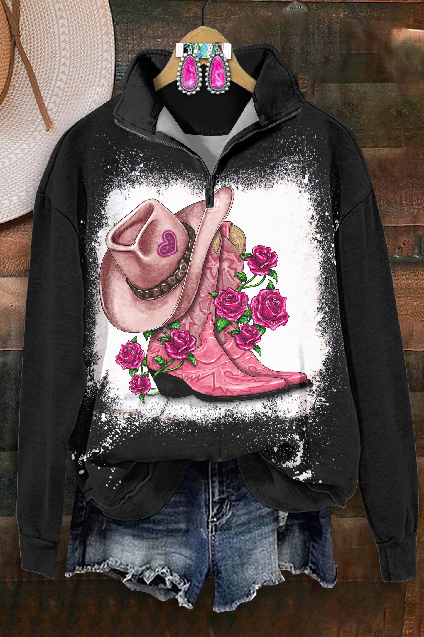 Vintage Boot Print Zip-Up Sweatshirt