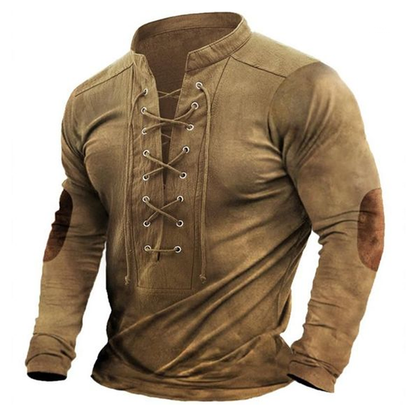 Men's Outdoor Suede Patchwork Drawstring Collar Long Sleeve T-Shirt