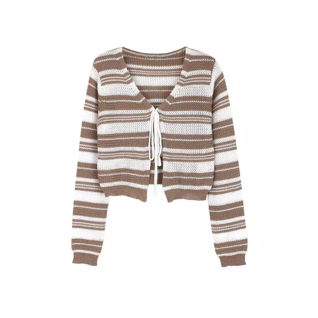 Spring And Summer Sweater For Women With Bandages And Horizontal Stripes Hollow Beach Style