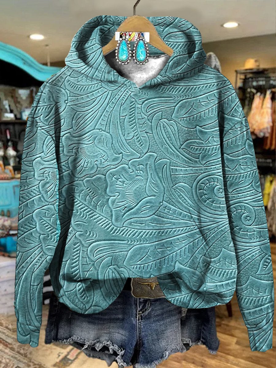 Turquoise Vintage Flower Textured Art Print Casual Hoodie Sweatshirt