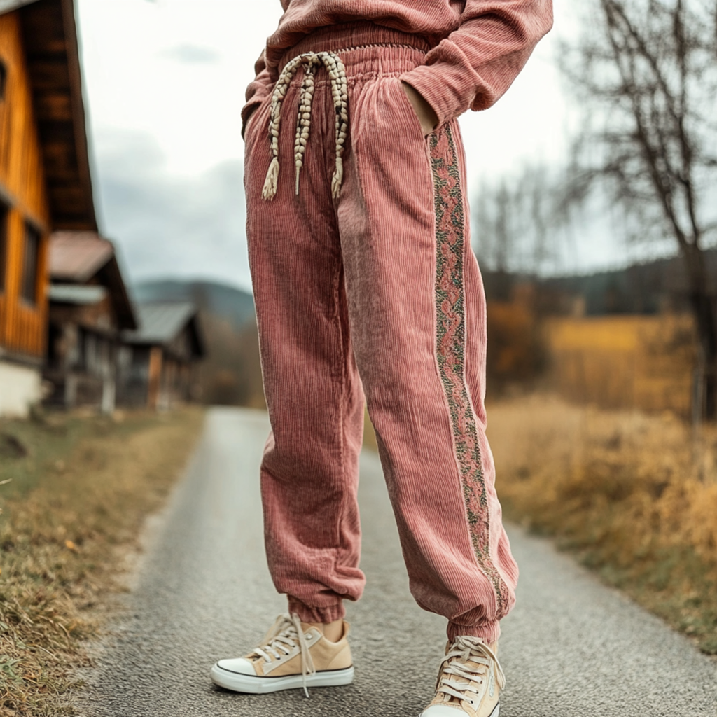 Women's Loose Corduroy Casual Trousers, Simple Ethnic Style Comfortable Elastic Waist Small Leg Trousers