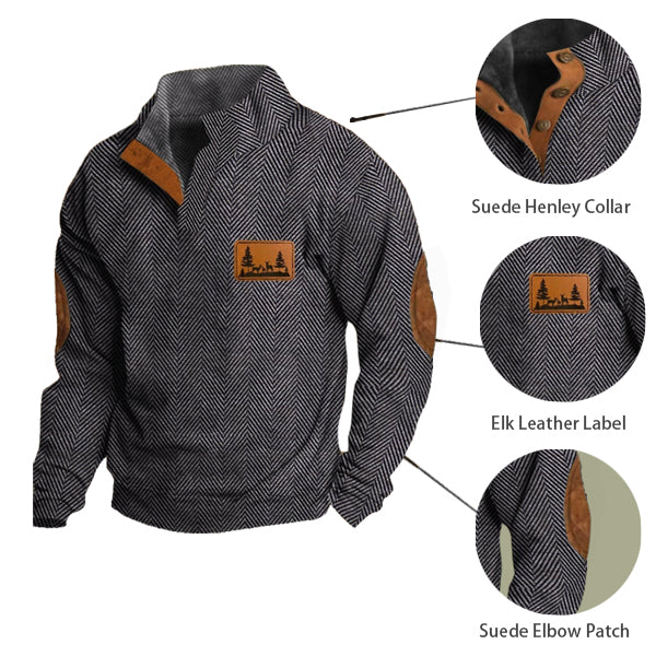 Men's Casual Retro Western Hunting Jacquard Stand Collar Button Sweatshirt