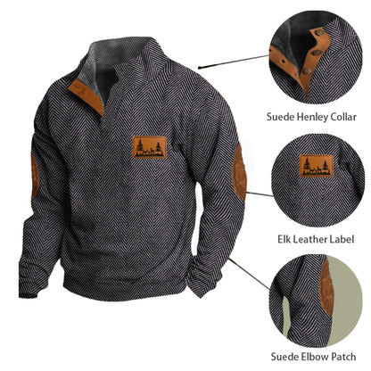 Men's Casual Retro Western Hunting Jacquard Stand Collar Button Sweatshirt