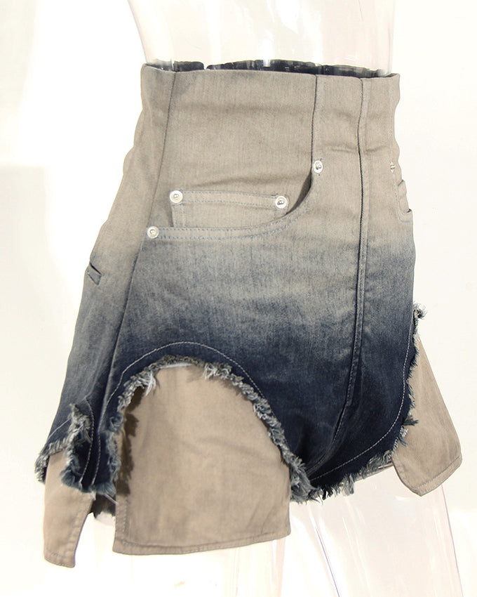 Herringbone High Waisted Gradient Raw Edge Pocket Denim Shorts