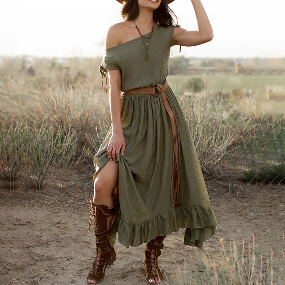 Ladies Vintage Western Style Cotton And Linen Olive Rustic Boho Dress