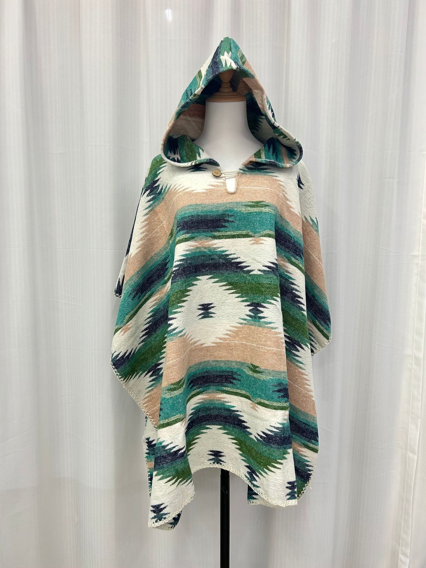 Western Aztec Green Print Hooded Cape