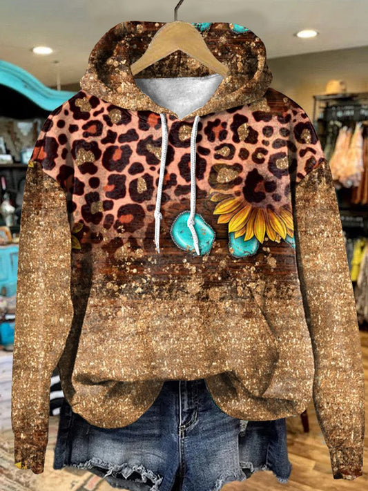 Vintage Leopard Turquoise Floral Art Print Casual Hoodie Sweatshirt