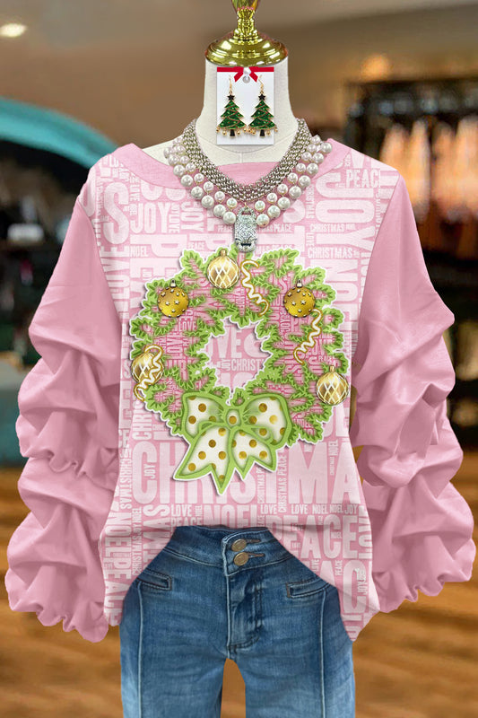 Sweet Christmas Wreath Print Pleated Sweatshirt