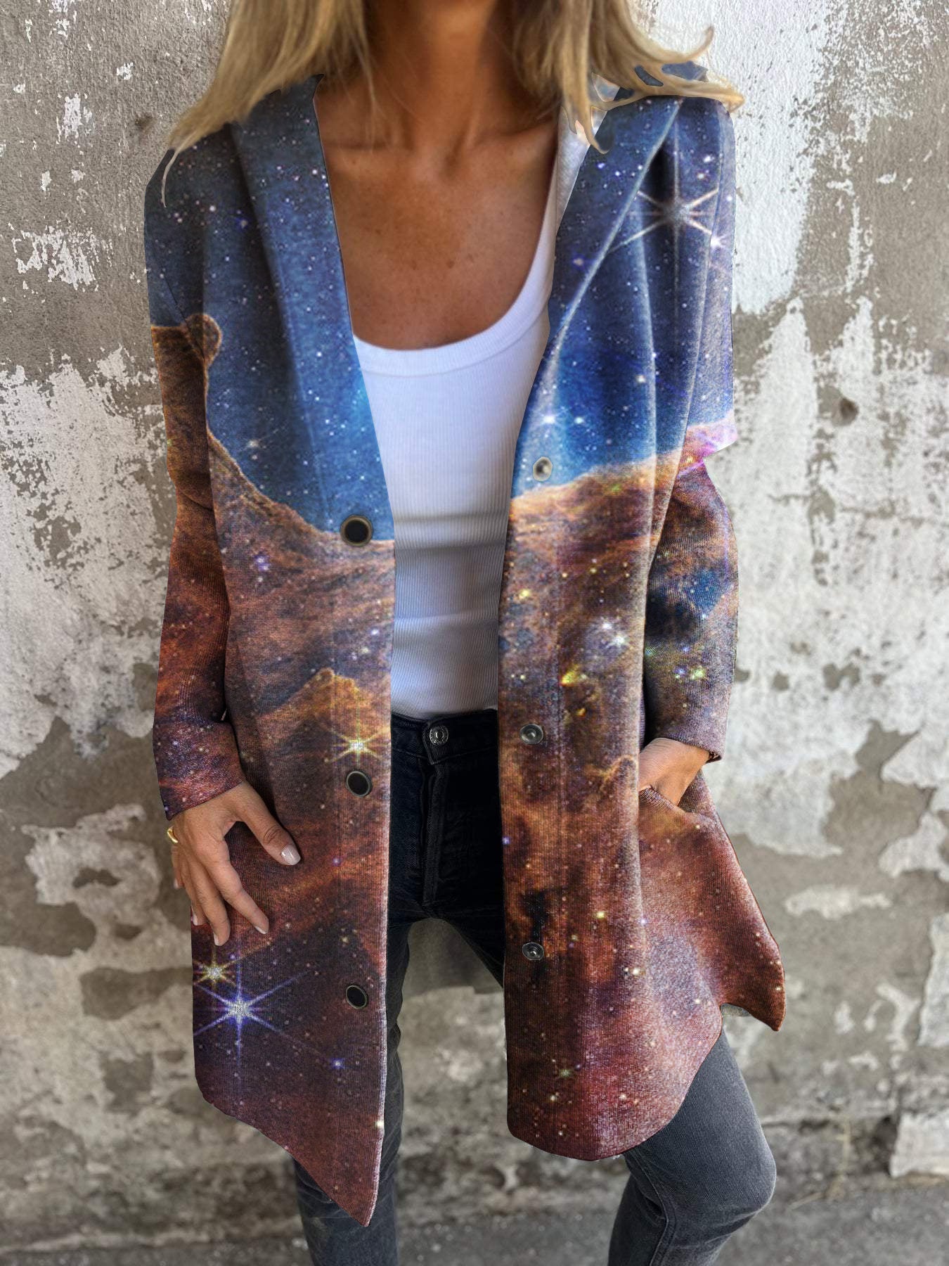 Abstract Starry Sky Art Print Long Sleeve Button Hooded Jacket