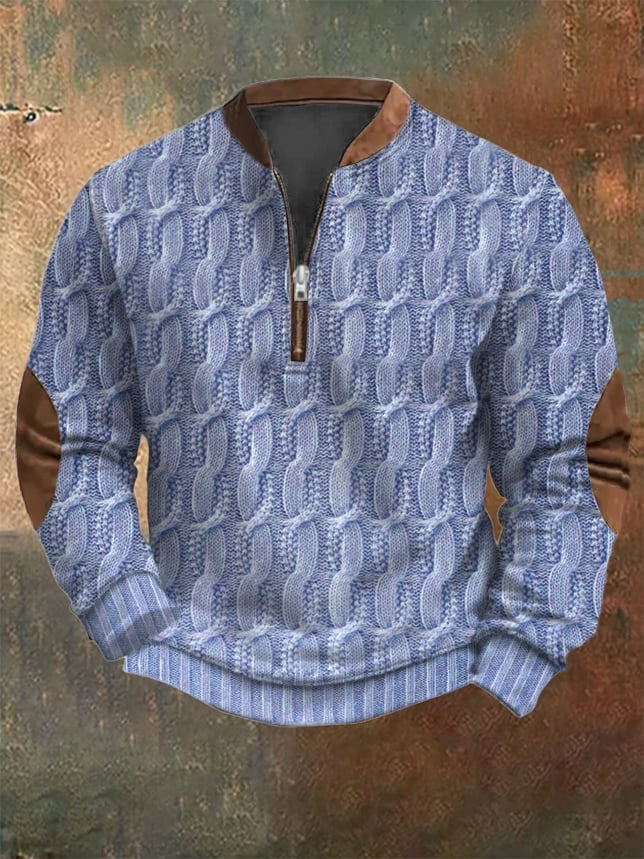 Men's Vintage Country Western Knitted Print Zipper Stand Collar Casual Sweatshirt