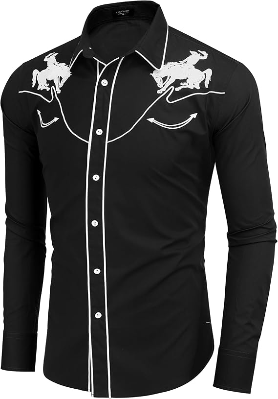 Men's Long Sleeve Slim Fit Embroideres Western Shirts-Black