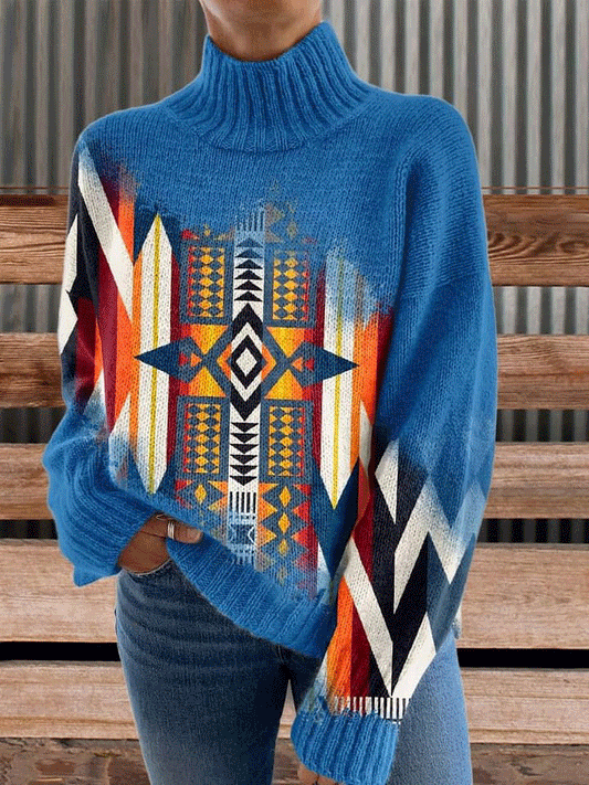 Aztac Print Knit Turtleneck Pullover Sweater