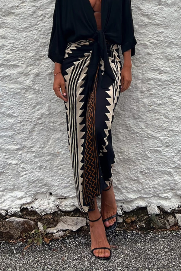 Astra Ethnic Print High Waist Ruched Wrap Maxi Skirt