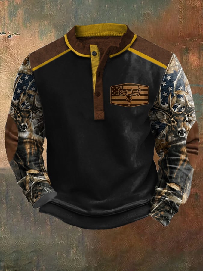 Men's Casual Vintage Contrast Elk Western Sweatshirt