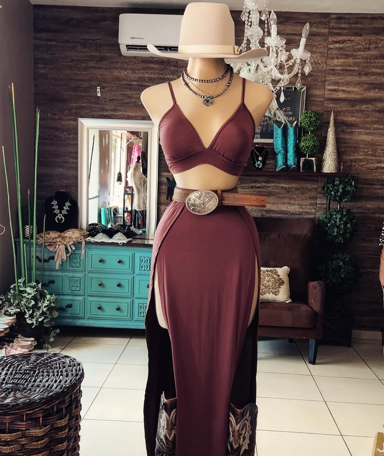 Brown Casual Slit Skirt Set