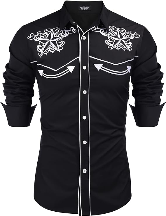 Men's Long Sleeve Embroideres Western Shirts-Black