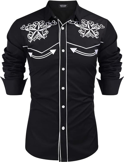 Men's Long Sleeve Embroideres Western Shirts-Black