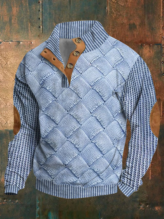 Men's Western Vintage Knitted Patchwork Printed Stand Collar Button Sweatshirt