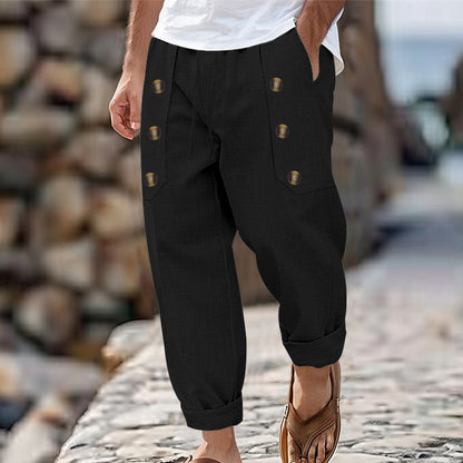 Men's Casual Hawaii Beach Multi Button Cotton Linen Trousers