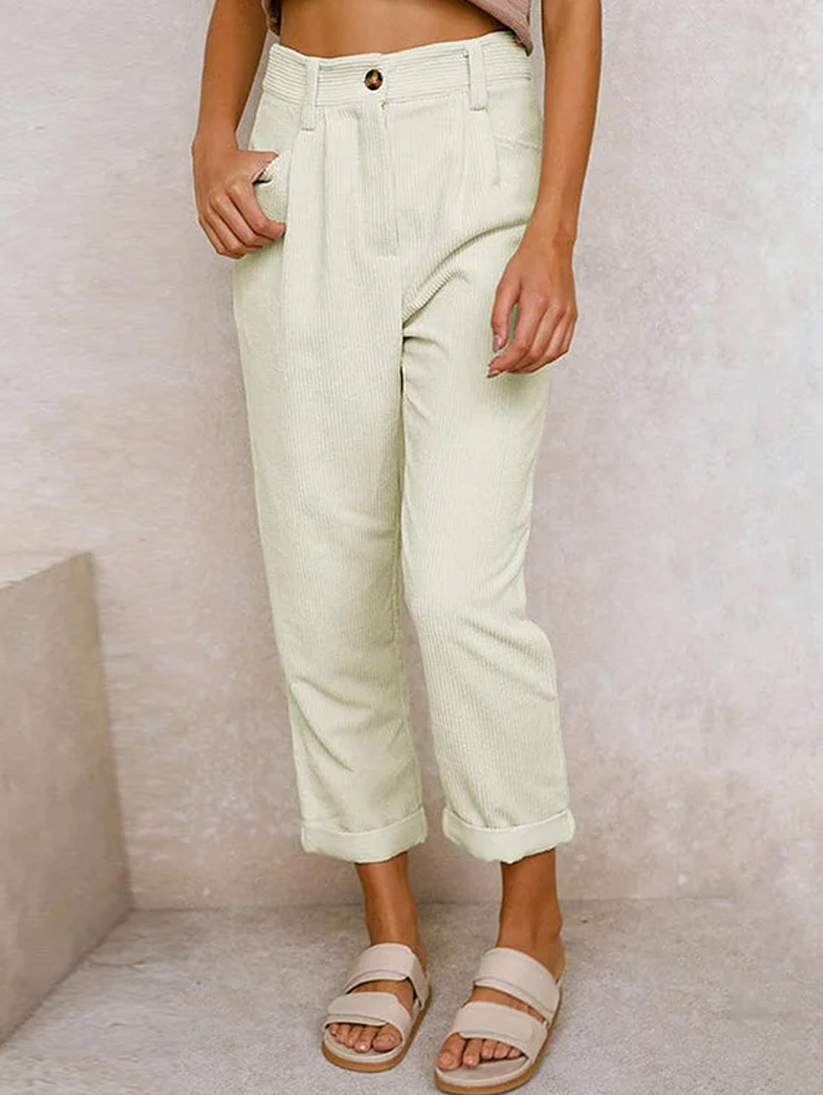 Casual Solid High Waist Pocket Straight Leg Corduroy Pant