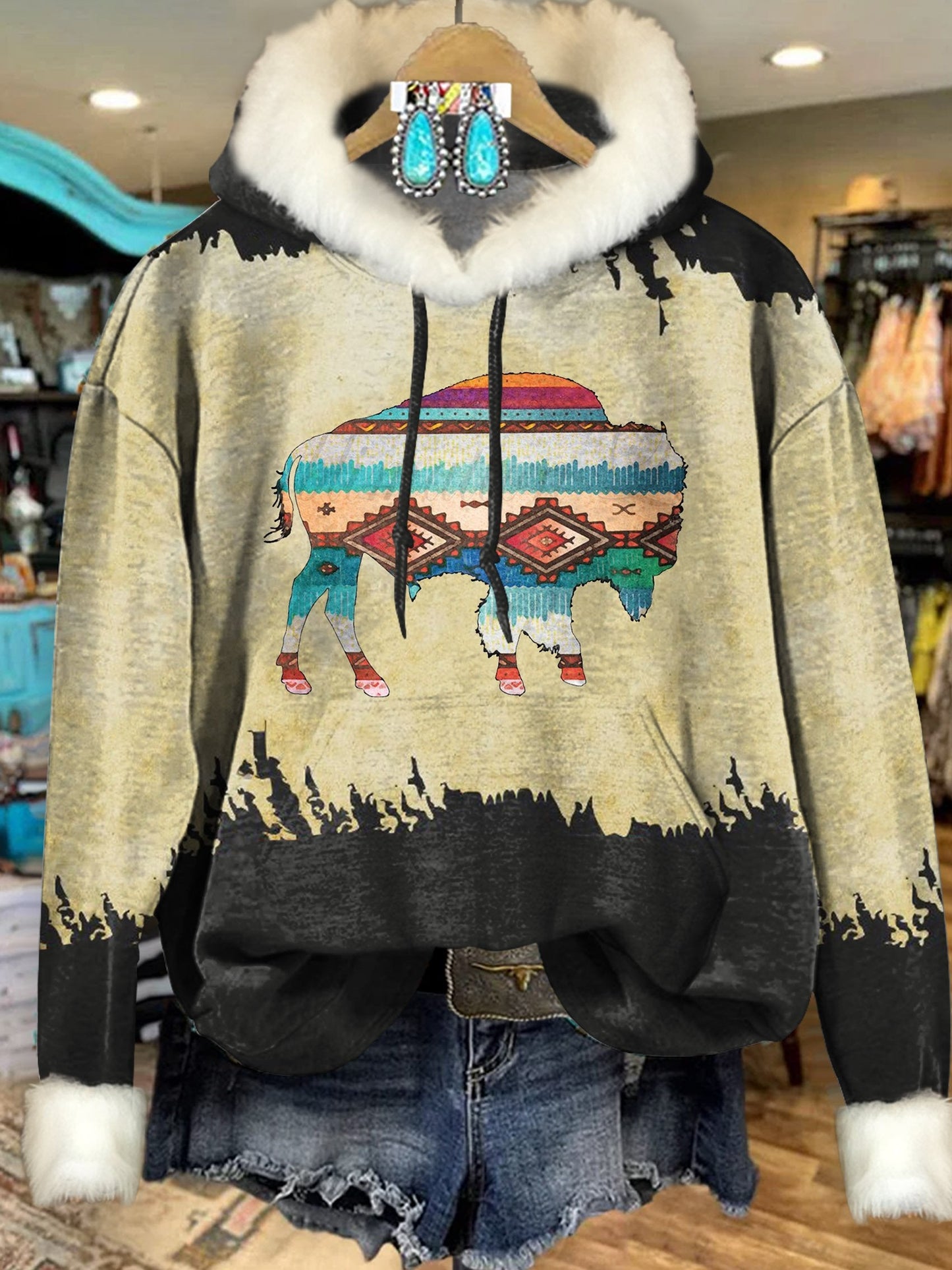 Vintage Aztec Cow Art Print Imitation Rabbit Fur Trim Casual Hoodie Sweatshirt