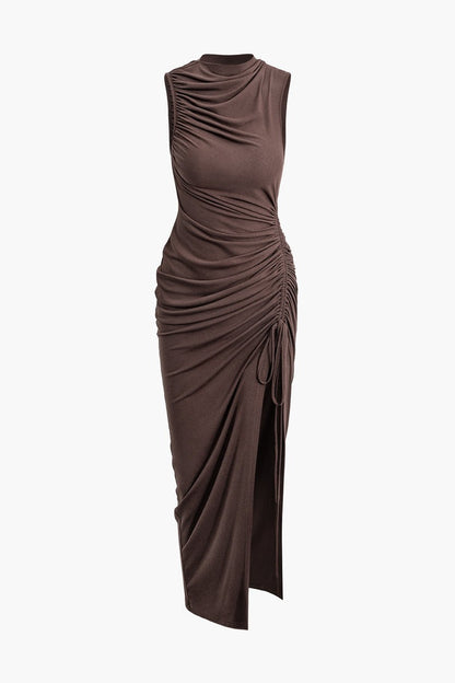 Ruched Drawstring Slit Sleeveless Maxi Dress