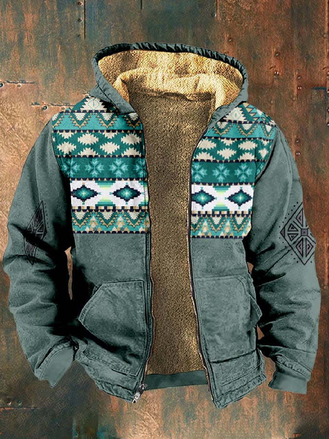 Men's Retro Western Print Velvet Zip Outerwear