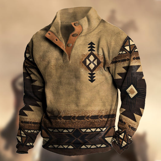 Men's Retro Western Ethnic Print Casual Henley Stand Collar Sweatshirt