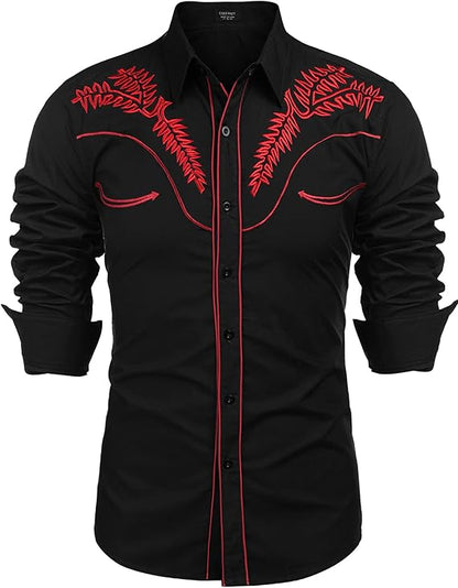 Men's Western Shirts Long Sleeve Slim Fit Embroideres Casual Shirt