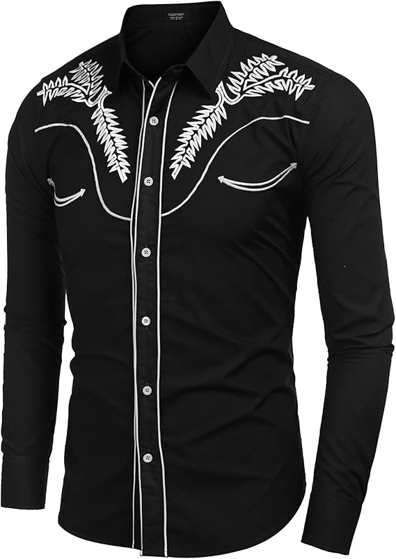 Men's Western Shirts Long Sleeve Slim Fit Embroideres Cowboy Shirts-Black