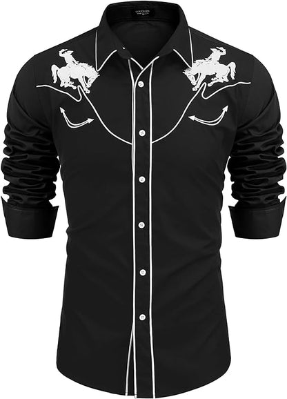 Men's Long Sleeve Slim Fit Embroideres Western Shirts-Black