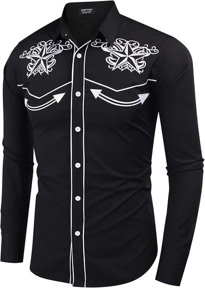 Men's Long Sleeve Embroideres Western Shirts-Black