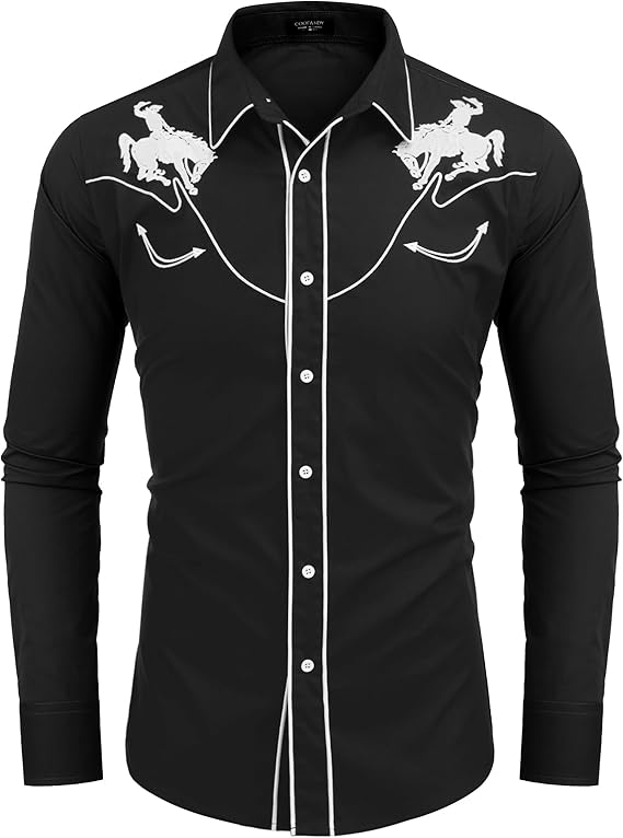 Men's Long Sleeve Slim Fit Embroideres Western Shirts-Black