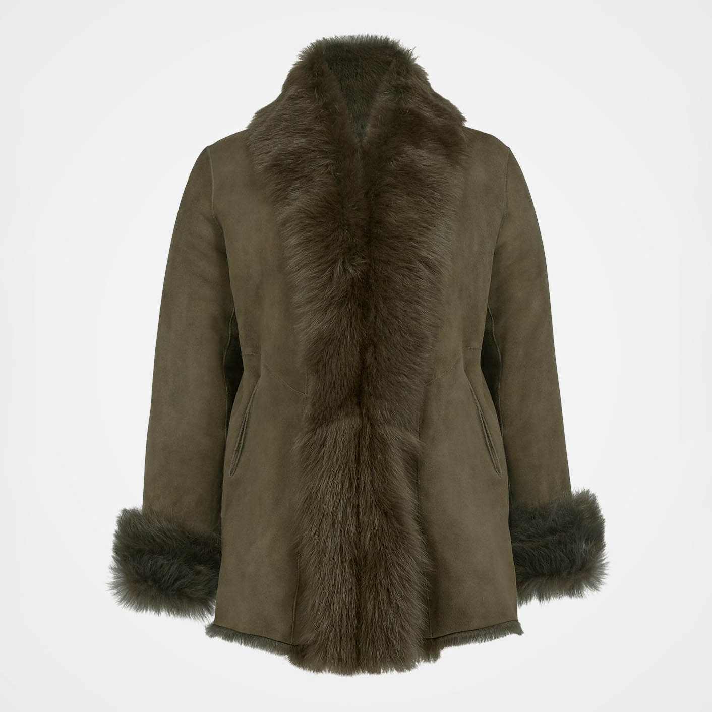 Women's Vintage Suede Fleece Fur Lapel Shearling Coat Army Green Sherpa Lined Jacket