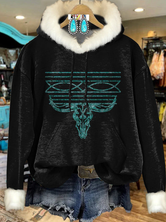 Retro Boots with Bull Head Art Print Imitation Rabbit Fur Trim Casual Hoodie Sweatshirt