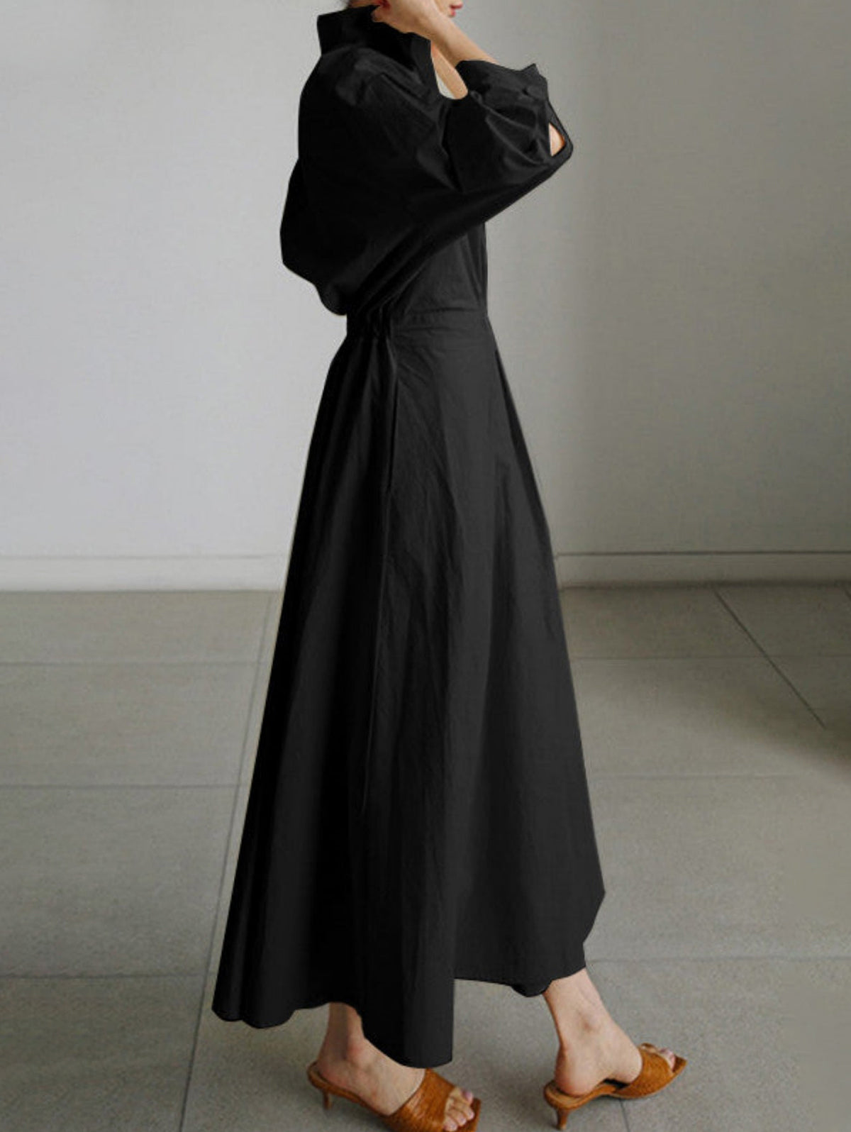 Elegant Pocket Button Lapel Collar Fold Solid Midi Dress