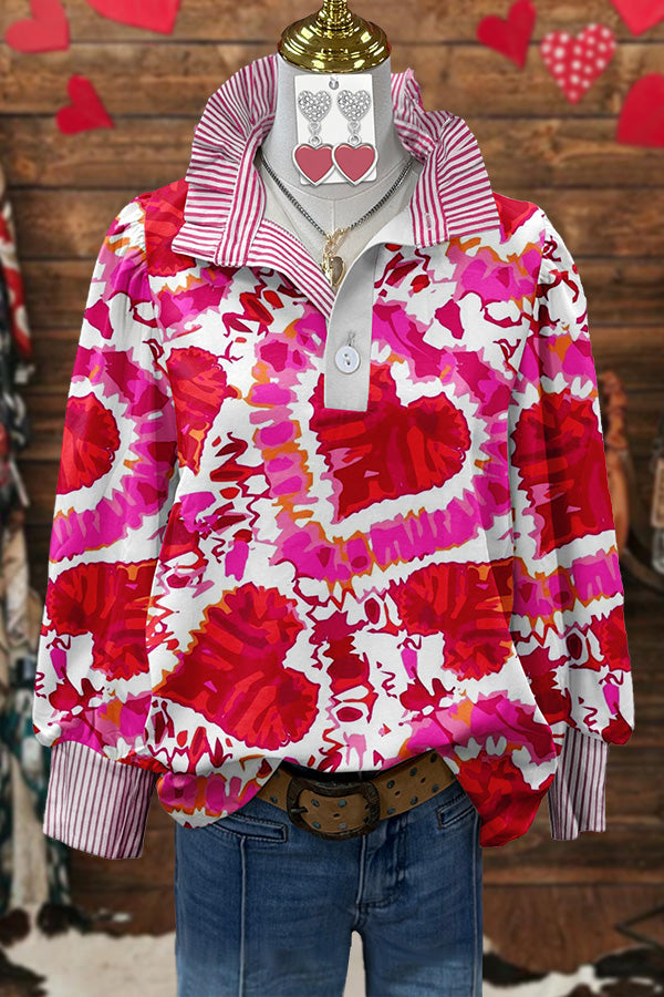 Valentine's Day Tie-Dye Heart Print Striped Blouse