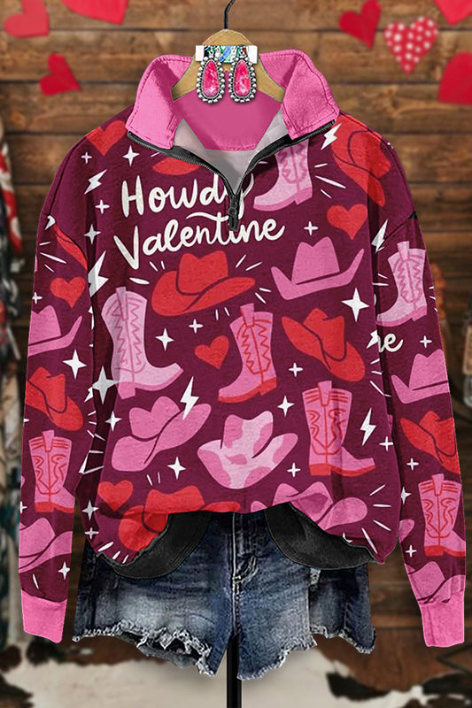 Retro Western Valentine's Day Print Zip-Up Sweatshirt