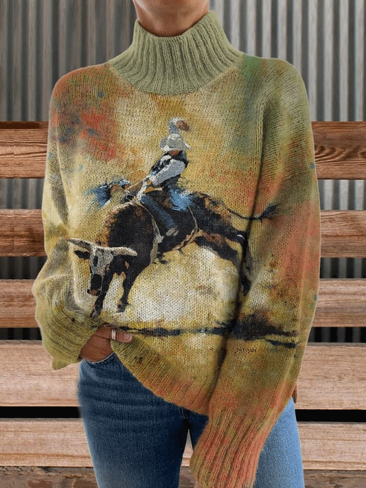 Vintage Print Knit Turtleneck Pullover Sweater