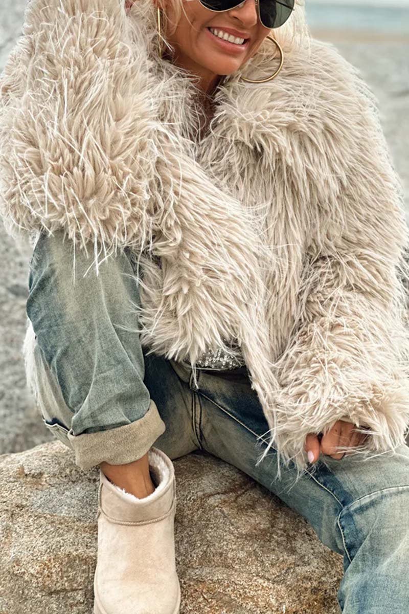 Women's Fashionable Solid Color Lapel Faux Fur Winter Short Coat