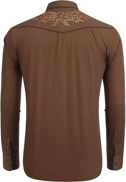 Men's Western Cowboy Shirt Long Sleeve Embroidered Shirt-Light Brown