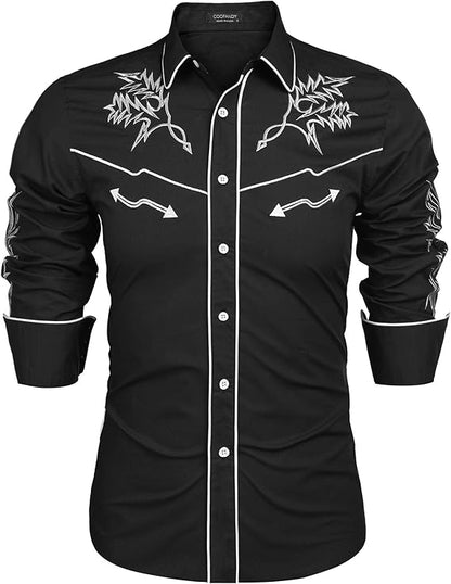 Men's Western Cowboy Shirt Long Sleeve Embroidered Shirt-White