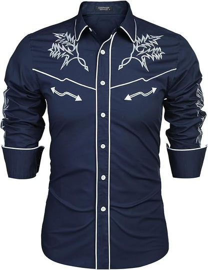 Men's Western Cowboy Shirt Long Sleeve Embroidered Shirt-White