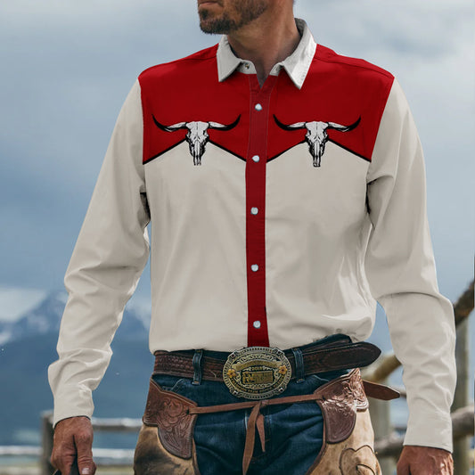 Men's Vintage Western Cowboy Cow Skull Long Sleeve Shirt