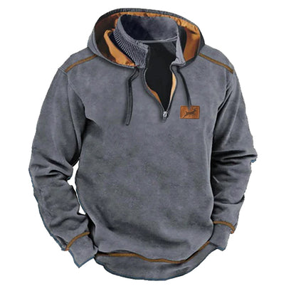 Men's Vintage Country Elk Hunting Contrast Zip-Up Stand Collar Patchwork Hooded Sweatshirt