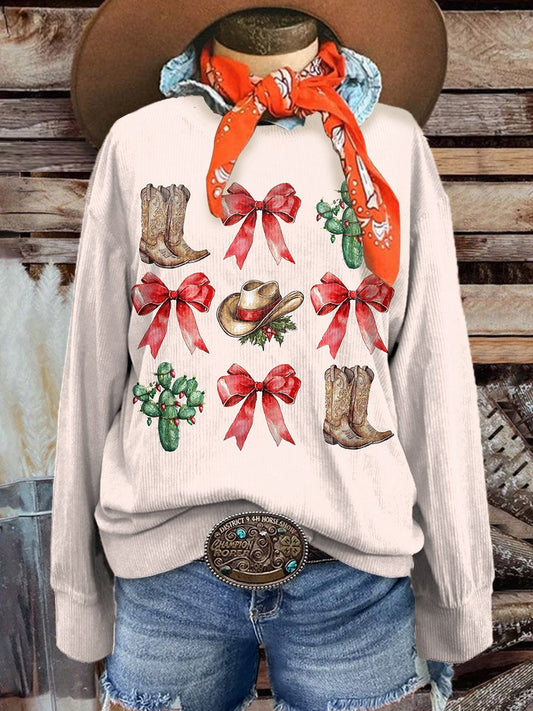 Women's Christmas Western Cowgirl Casual Print Corduroy Sweatshirt